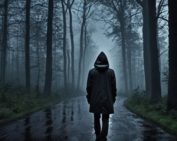 Solitary Figure in Misty Forest with Rainy Path