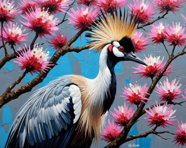 Crowned Crane Artwork with Vibrant Colors and Background