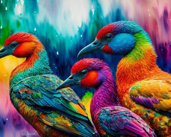 Vibrantly Colored Birds Against Abstract Background