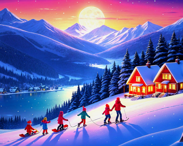 Winter Sunset Over Snowy Landscape with Skiing Family