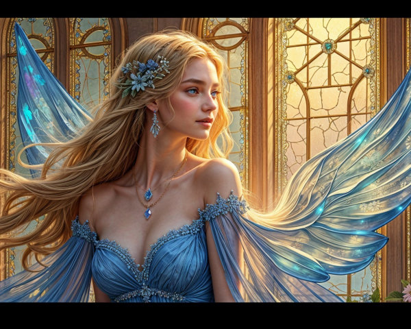 Mystical fairy with golden hair in blue gown and wings