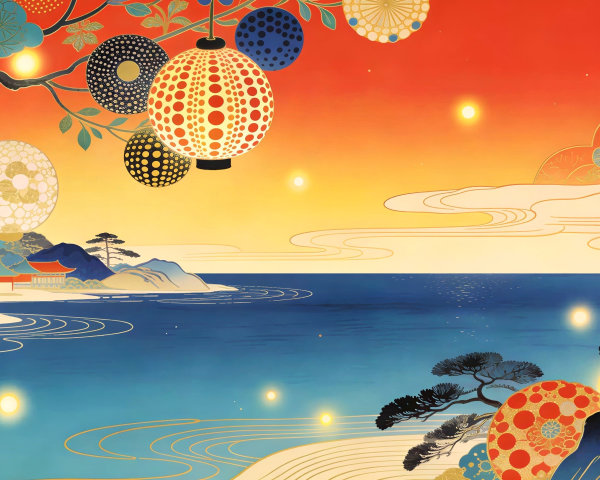 Traditional Japanese Woodblock Print of Evening Scene