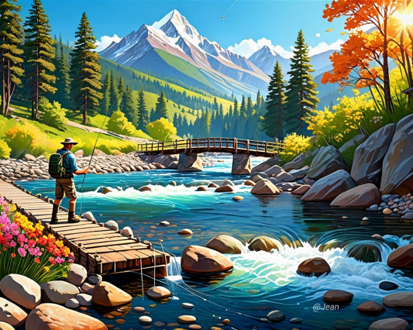 Serene Landscape with Fisherman by Sparkling River