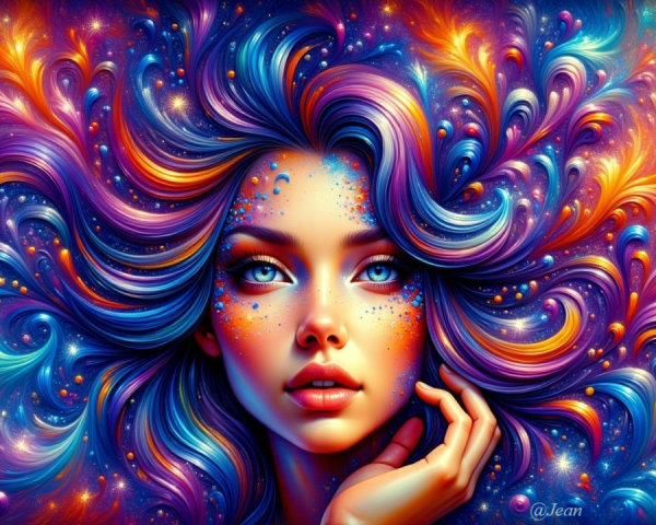 Portrait of a woman with vibrant, colorful hair and patterns