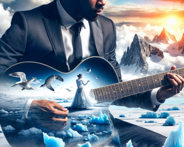 Man in Suit Playing Guitar with Surreal Landscape Inside