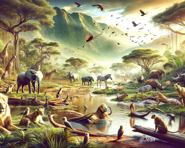 Vibrant Wildlife Landscape at Dawn with Diverse Animals