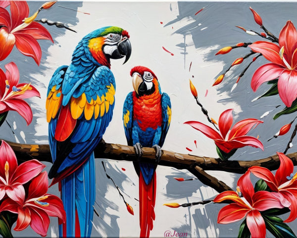 Vibrant Parakeets on a Colorful Flowered Branch