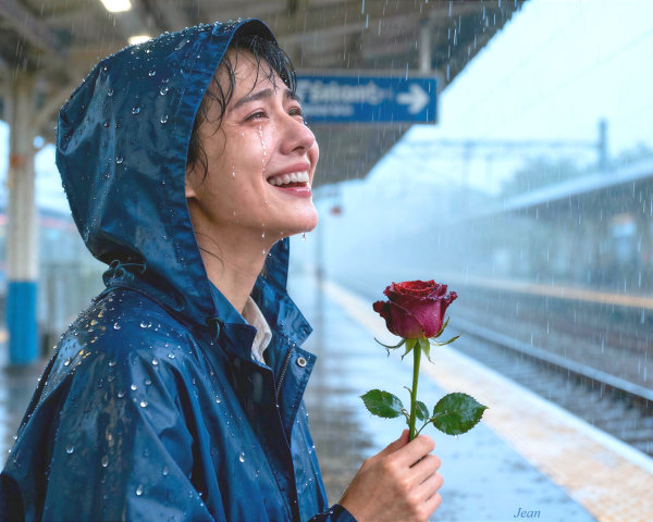 Young woman in blue raincoat on rainy train platform