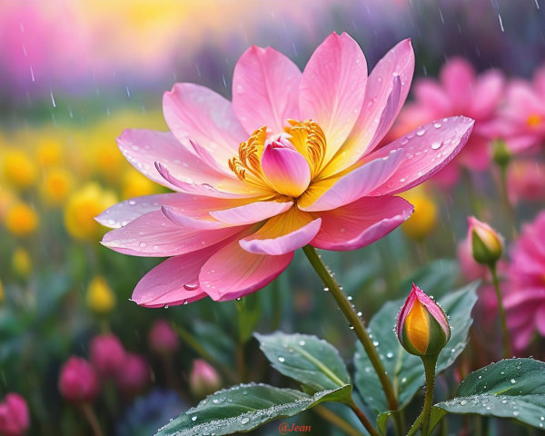 Vibrant Pink Lotus Flower in Colorful Garden Setting