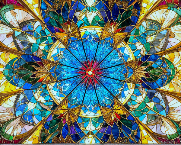 Vibrant Stained Glass Window with Floral Design