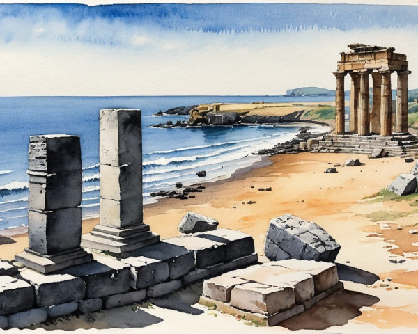 Coastal View of Ancient Stone Ruins by Sandy Beach