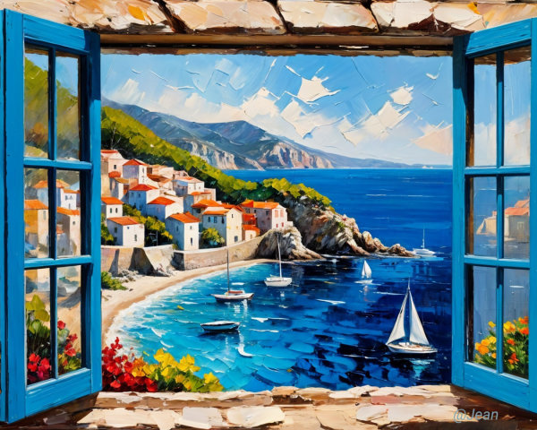 Coastal Landscape Through Rustic Stone Window View