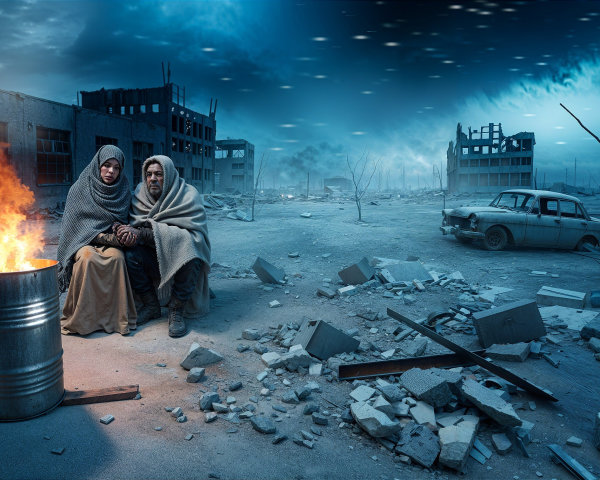 Post-Apocalyptic Landscape with Figures by Fire