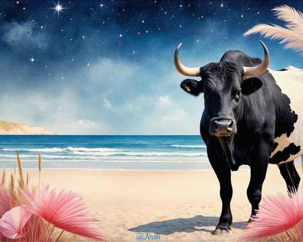 Cow on Beach Under Starry Sky with Tropical Foliage