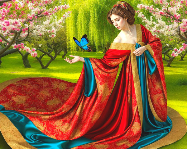 Elegant Woman in Garden with Cherry Blossoms and Butterfly