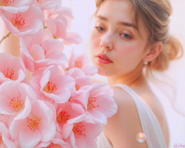Young woman in soft light surrounded by pink flowers