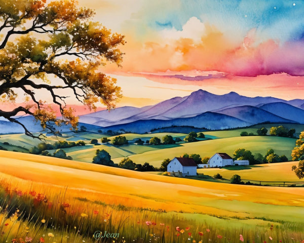 Vibrant Watercolor Landscape with Hills and Farmhouses