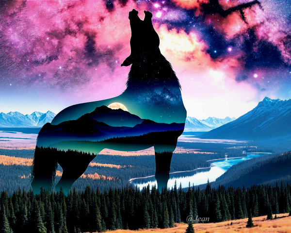 Double Exposure of Wolf and Cosmic Landscape