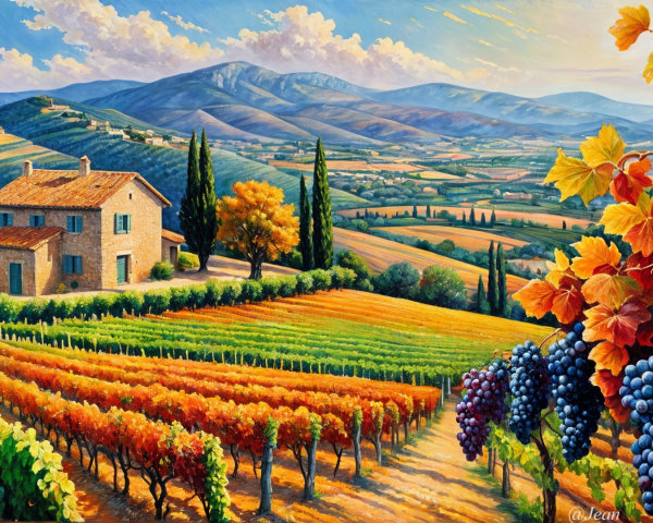 Picturesque Vineyard with Stone Farmhouse at Sunset