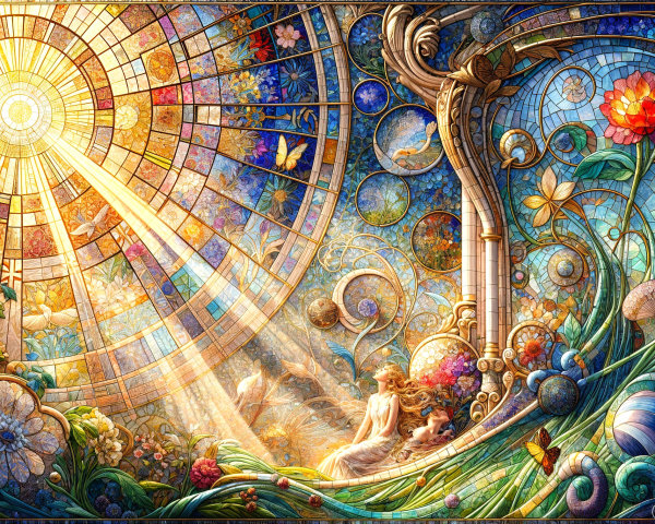 Vibrant Stained Glass Window with Nature Elements