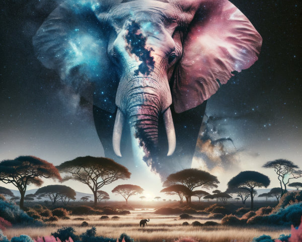 Surreal Artwork of Elephant in Cosmic Galaxy Landscape