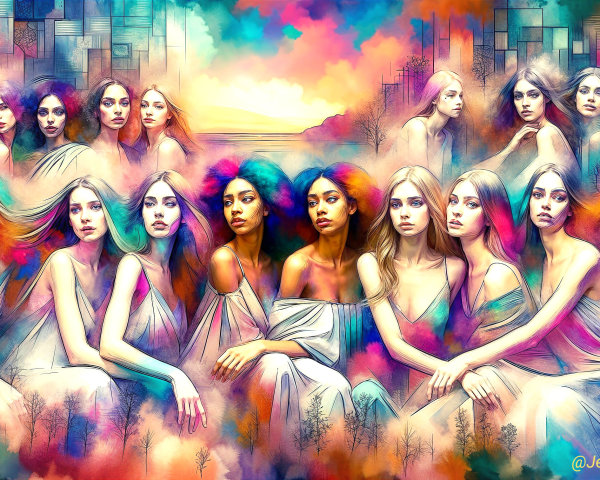 Fantasy Art Painting of Diverse Women in Colorful Dresses
