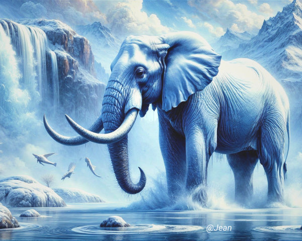 Majestic Blue Elephant in Serene Icy Landscape