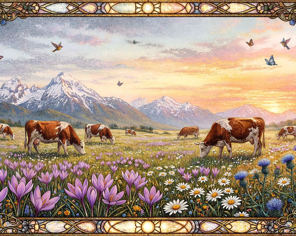 Vibrant Stained Glass Mountain Scene with Flowers
