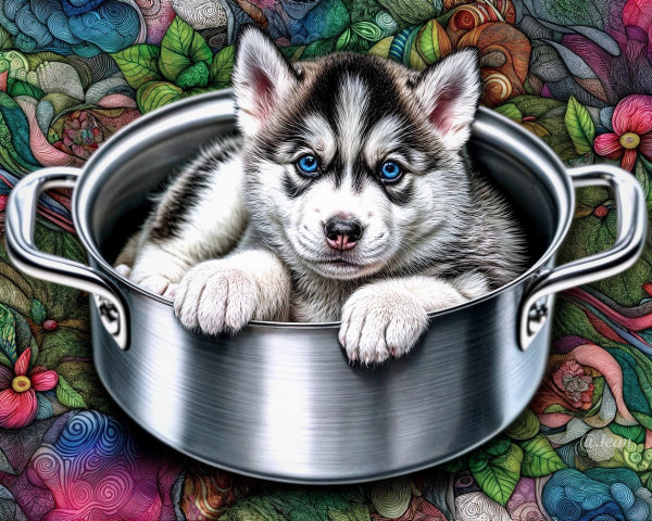 Fluffy Siberian Husky Puppy in Silver Pot Background