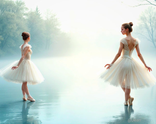Ballet Dancers on a Misty Lake at Dawn