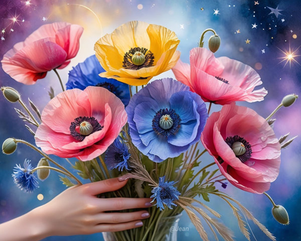 Vibrant Bouquet of Poppies Against Starry Background