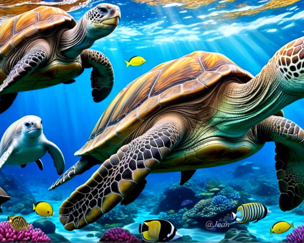 Vibrant Underwater Scene with Turtles and Coral Reefs