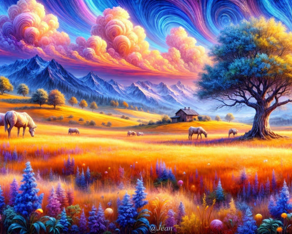 Vibrant Landscape with Mountains and Grazing Horses