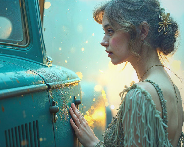 Young woman in vintage dress by teal car in soft light