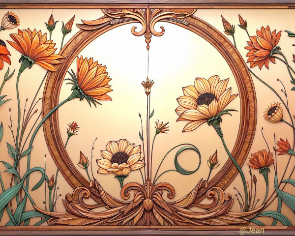 Intricate Floral Design with Orange Flowers and Greenery