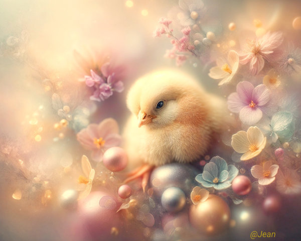 Chick Surrounded by Pastel Flowers and Pearls