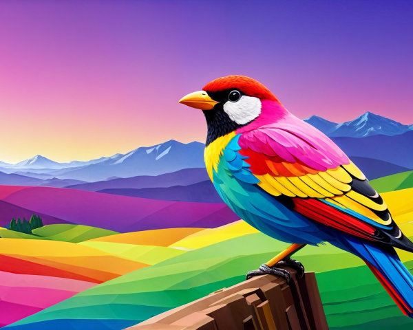 Colorful Bird on Wooden Rail with Scenic Background