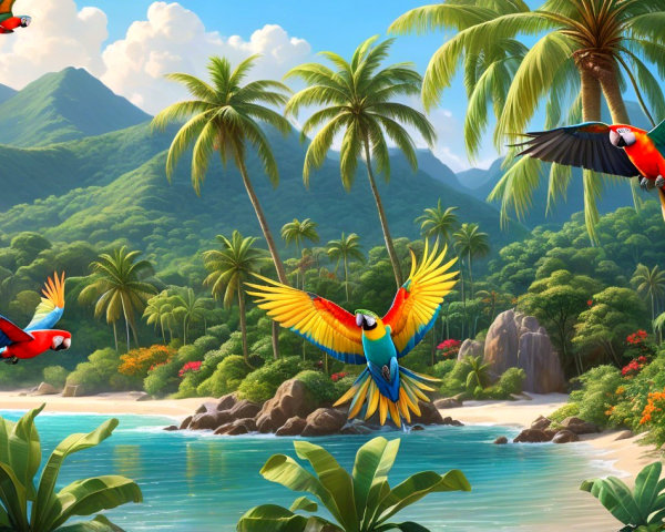 Vibrant Tropical Scene with Parrots and Beach Landscape