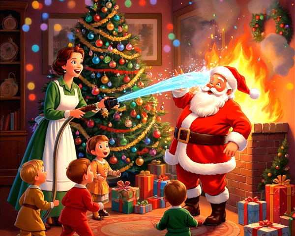 Cheerful Woman Spraying Santa in Festive Living Room