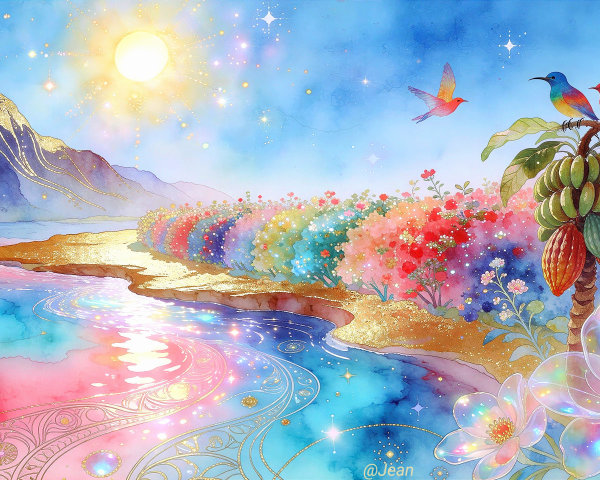 Vibrant Watercolor Landscape with River and Mountains