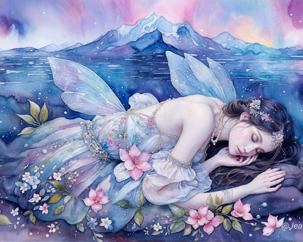 Dreamy Watercolor of a Sleeping Fairy in Nature