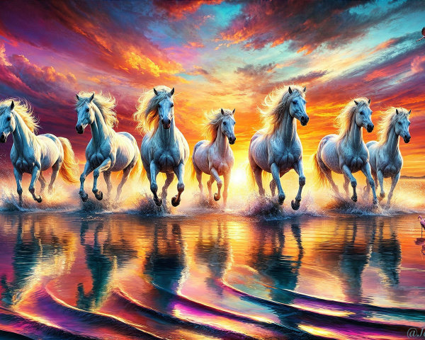 Galloping White Horses and Flamingos at Sunset
