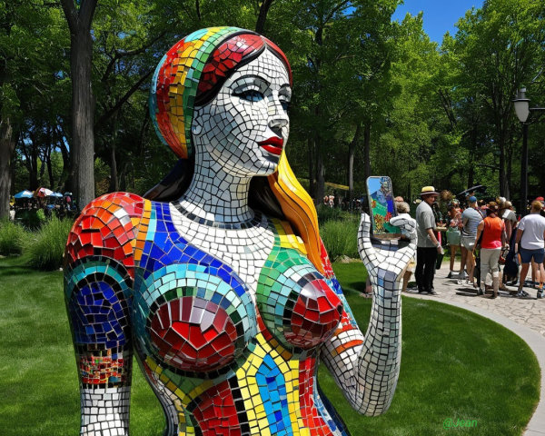 Colorful Mosaic Sculpture of Woman in Park Setting