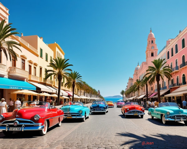 Vibrant Street Scene with Classic Cars and Ocean View