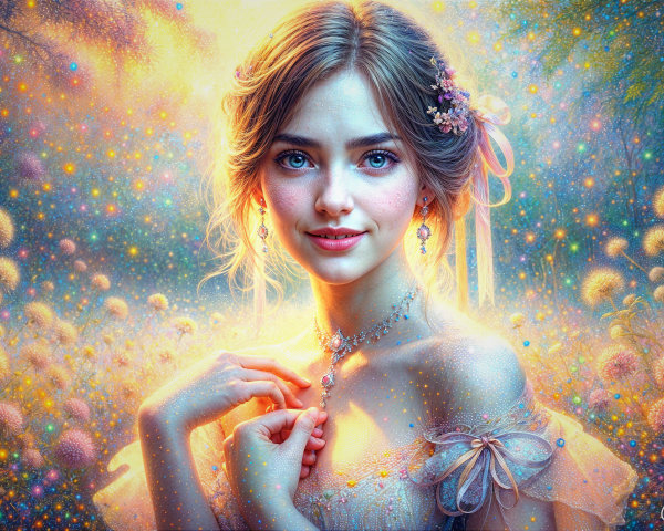 Young woman in ethereal setting with colorful lights