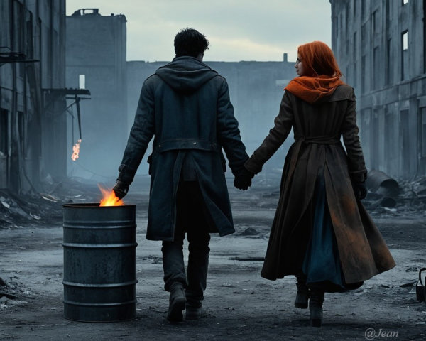 Couple in Post-Apocalyptic Setting with Smoky Background