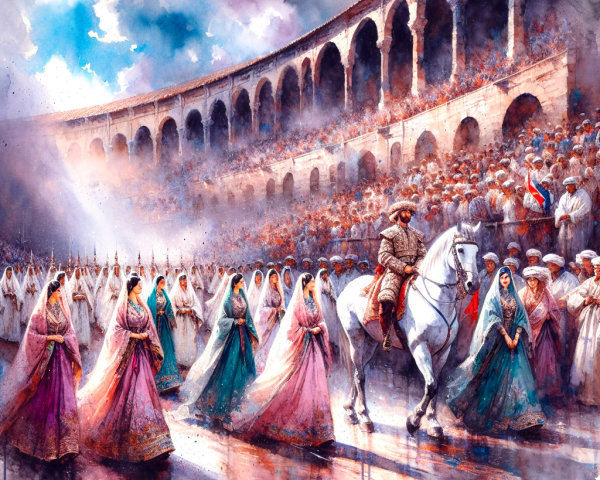 Vibrant Watercolor of Ancient Amphitheater Procession