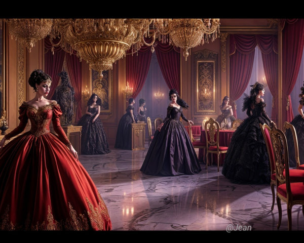 Opulent ballroom with red drapes and golden chandeliers