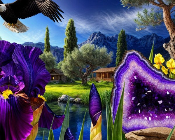 Serene Landscape with Purple Irises and Agate Formations
