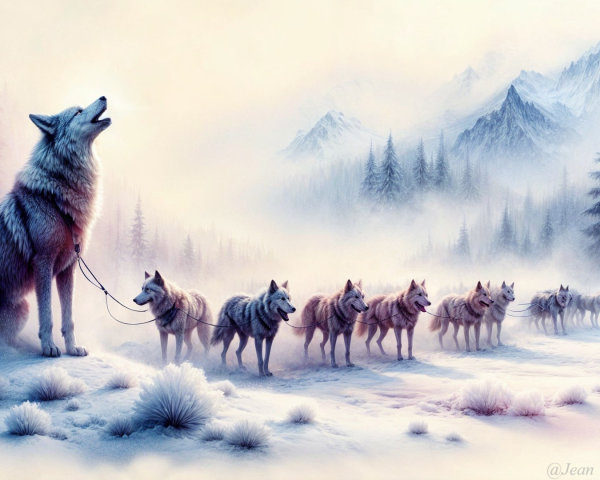 Wolf Howling in Snowy Landscape with Sled Dogs